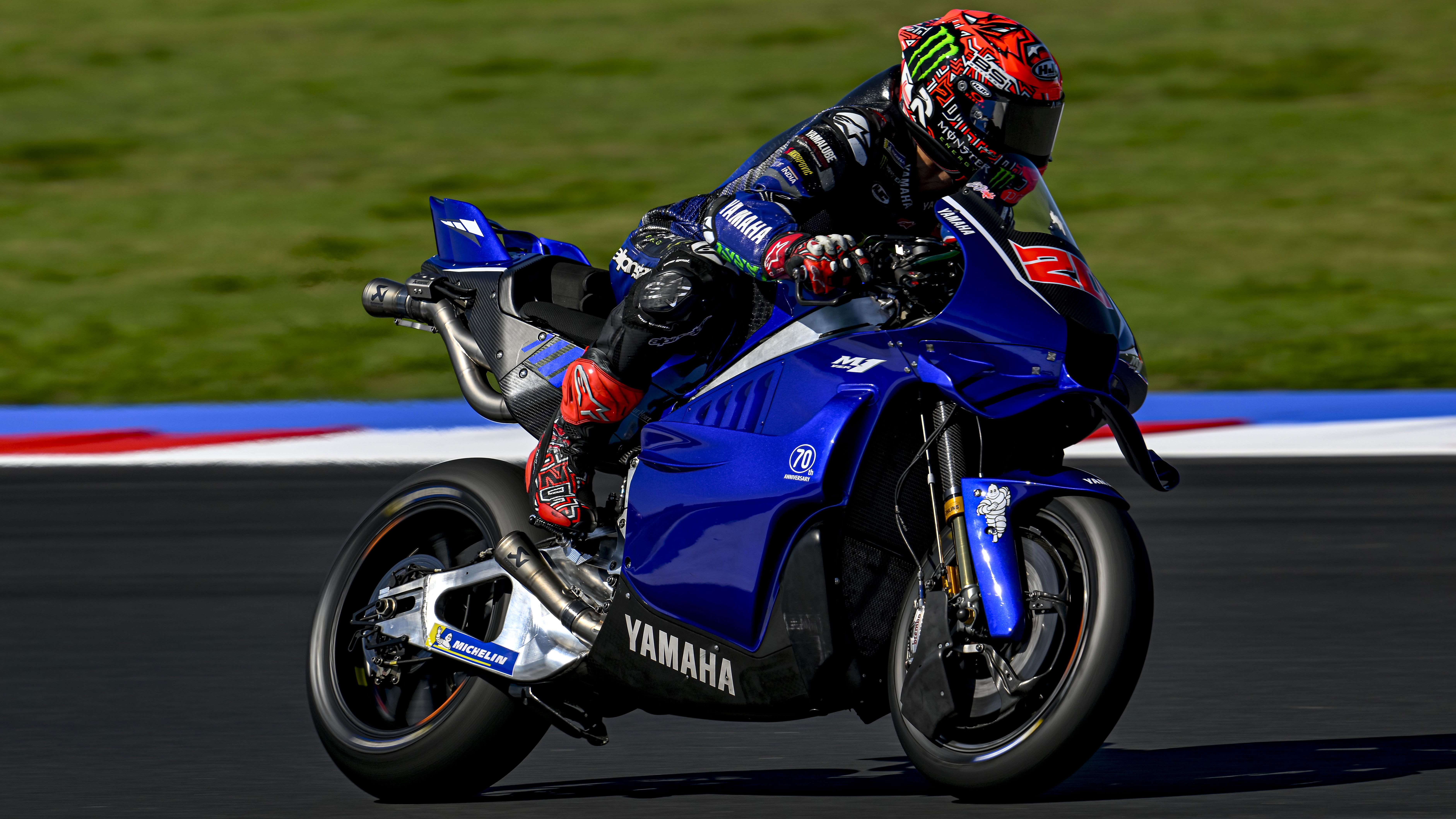 Fabio Quartararo riding the new Yamaha V4 MotoGP bike